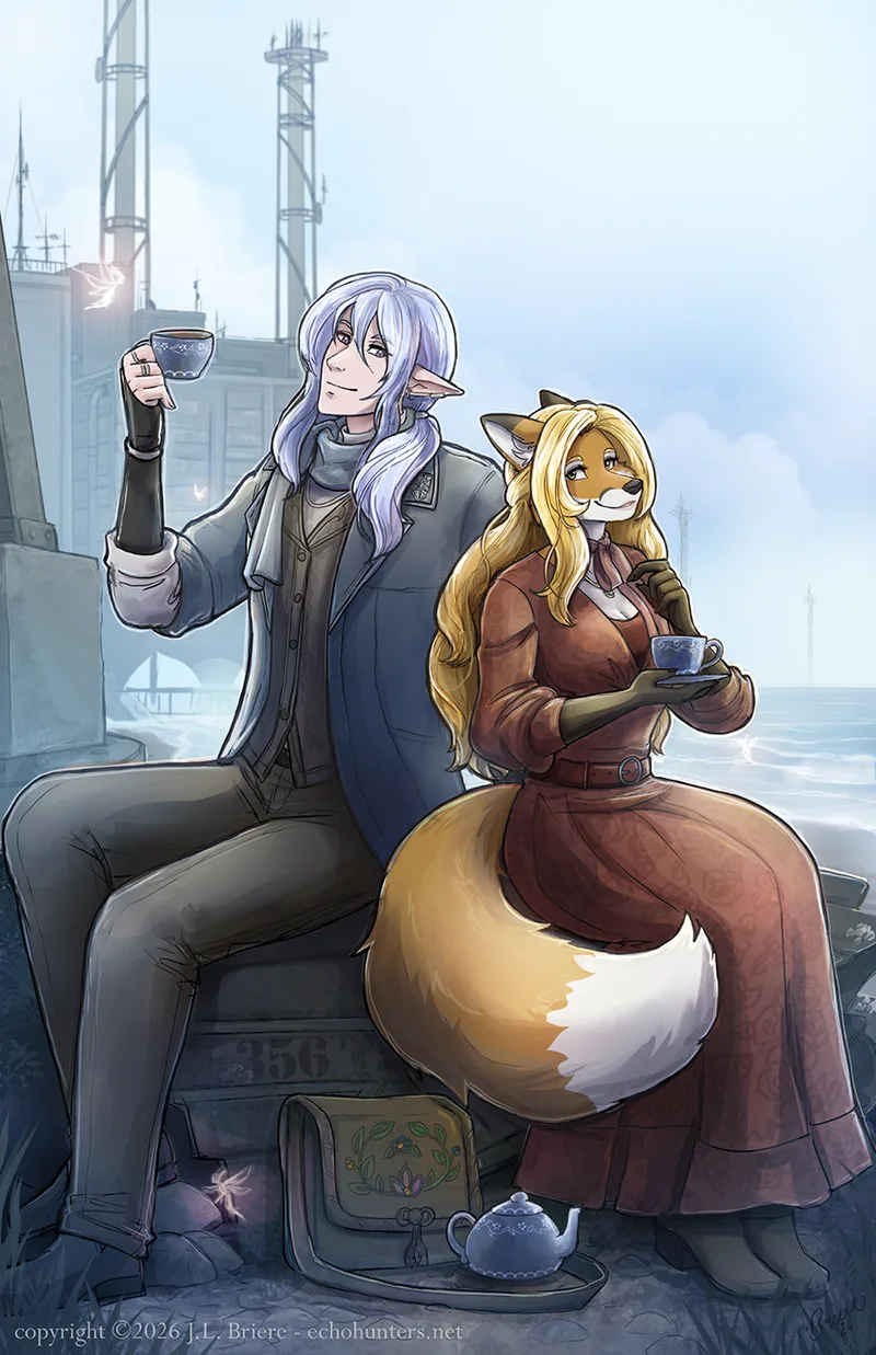 elf and fox sitting on tech debris