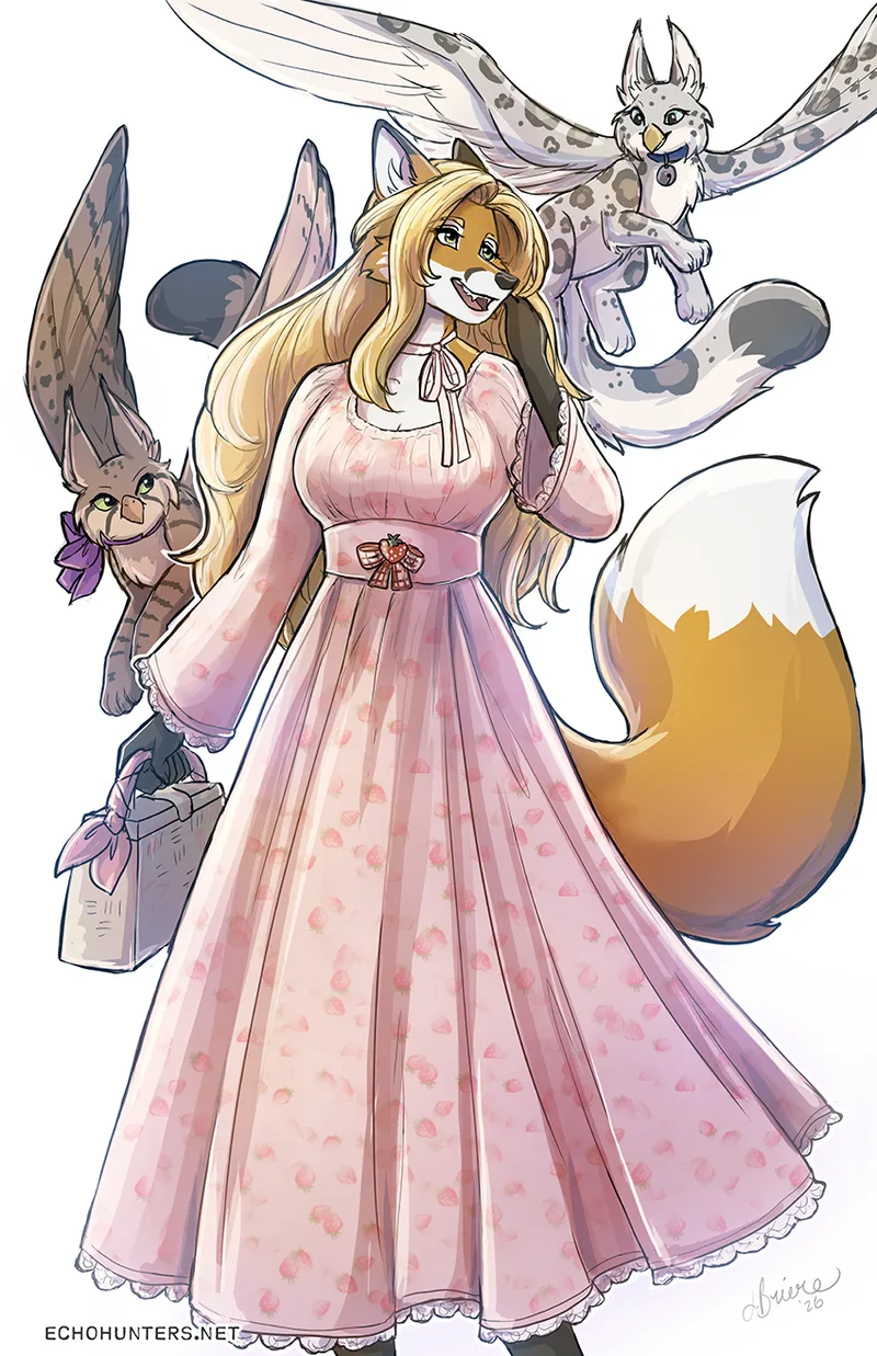 fox woman with small gryphons